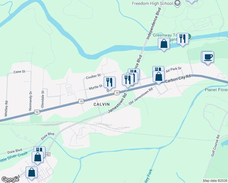 map of restaurants, bars, coffee shops, grocery stores, and more near 605-612 Carbon City Rd in Morganton
