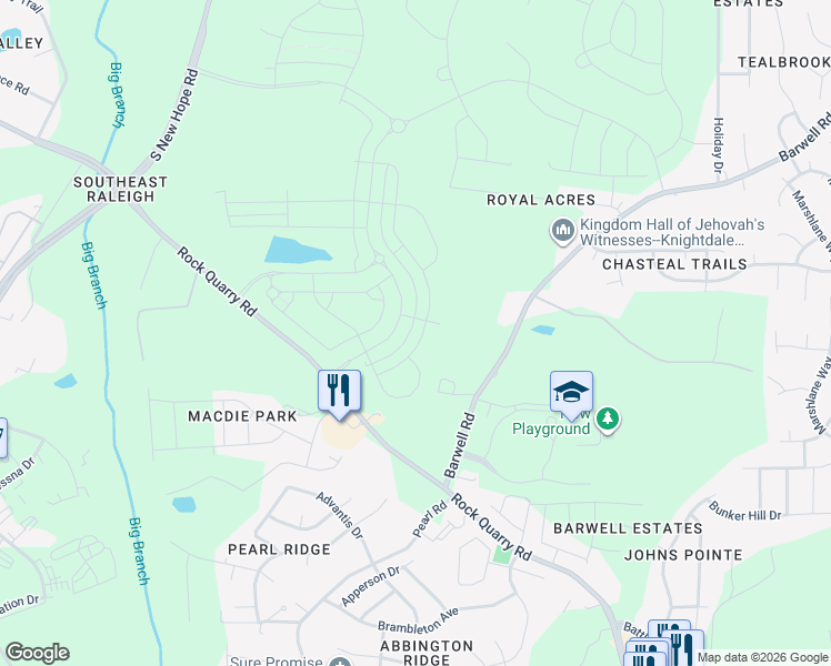 map of restaurants, bars, coffee shops, grocery stores, and more near 2634 Lignite Trail in Raleigh
