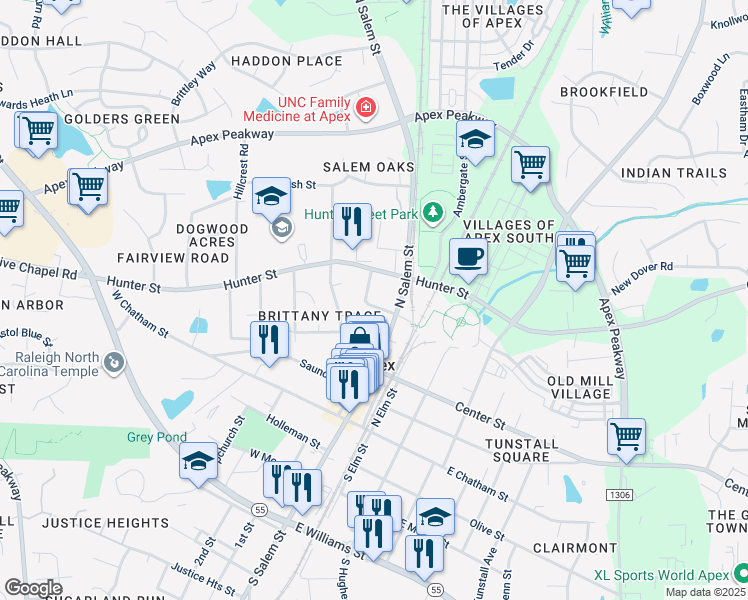 map of restaurants, bars, coffee shops, grocery stores, and more near 402 Grove Street in Apex