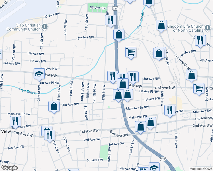 map of restaurants, bars, coffee shops, grocery stores, and more near 1636 1st Avenue Place Northwest in Hickory