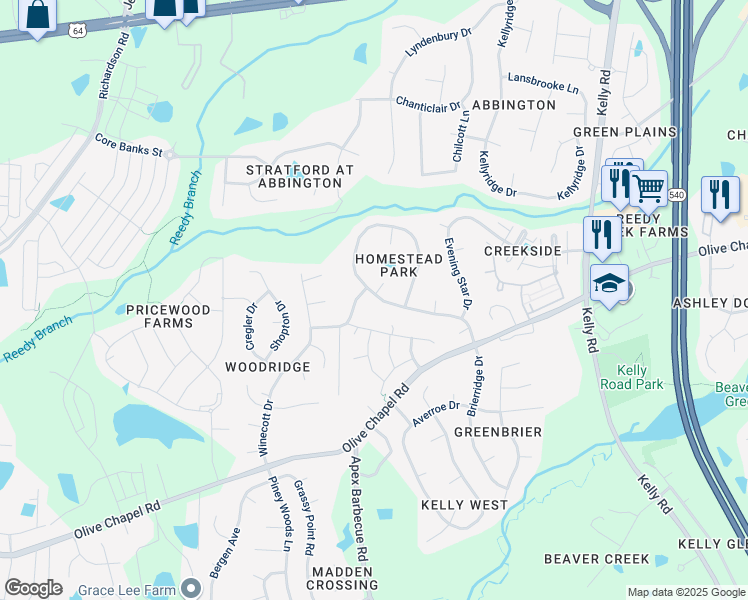 map of restaurants, bars, coffee shops, grocery stores, and more near 514 Homestead Park Drive in Apex