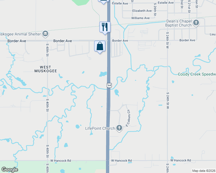 map of restaurants, bars, coffee shops, grocery stores, and more near 1699 South 32nd Street in Muskogee