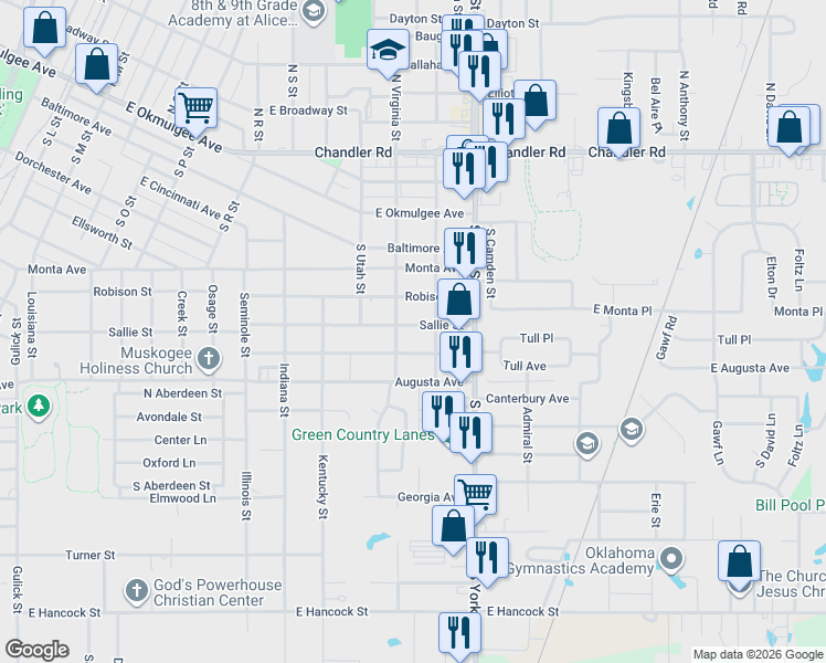 map of restaurants, bars, coffee shops, grocery stores, and more near 2208 Tull Avenue in Muskogee