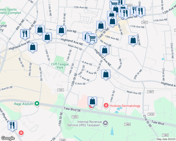 map of restaurants, bars, coffee shops, grocery stores, and more near 1634 B Avenue Southeast in Hickory
