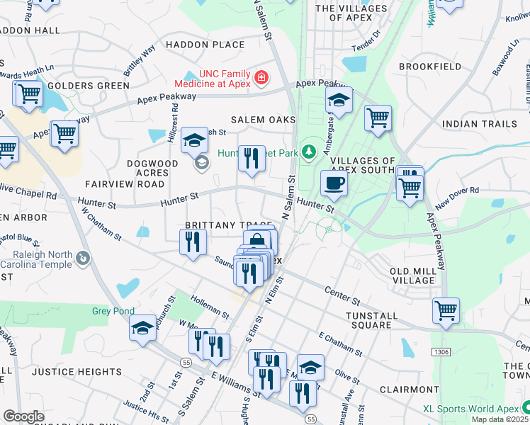 map of restaurants, bars, coffee shops, grocery stores, and more near 402 Grove Street in Apex