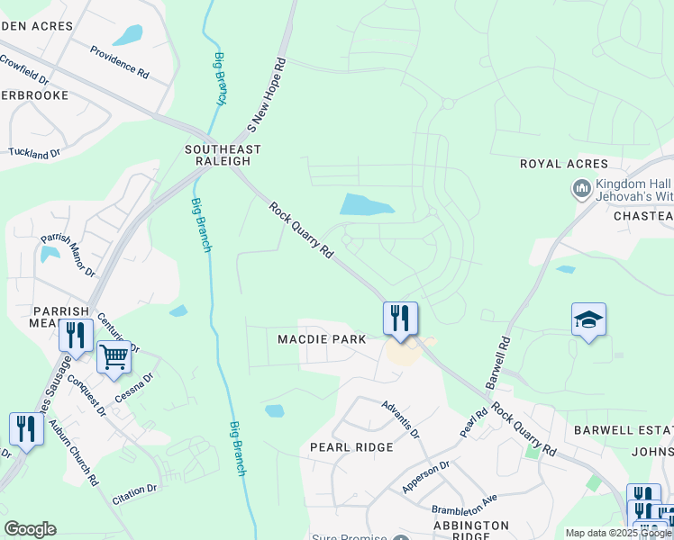 map of restaurants, bars, coffee shops, grocery stores, and more near 5206 Rock Quarry Road in Raleigh
