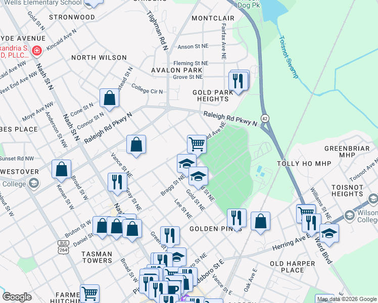 map of restaurants, bars, coffee shops, grocery stores, and more near 508 Woodard Street Northeast in Wilson