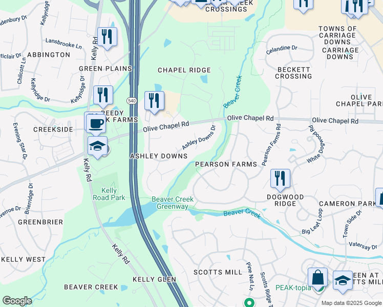 map of restaurants, bars, coffee shops, grocery stores, and more near 1008 Country Glen Court in Apex