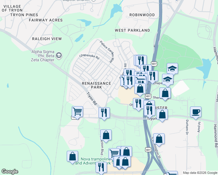 map of restaurants, bars, coffee shops, grocery stores, and more near 3618 Olympia Drive in Raleigh