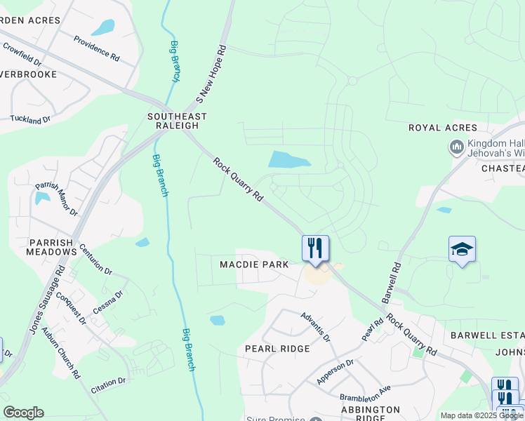 map of restaurants, bars, coffee shops, grocery stores, and more near 5206 Rock Quarry Road in Raleigh