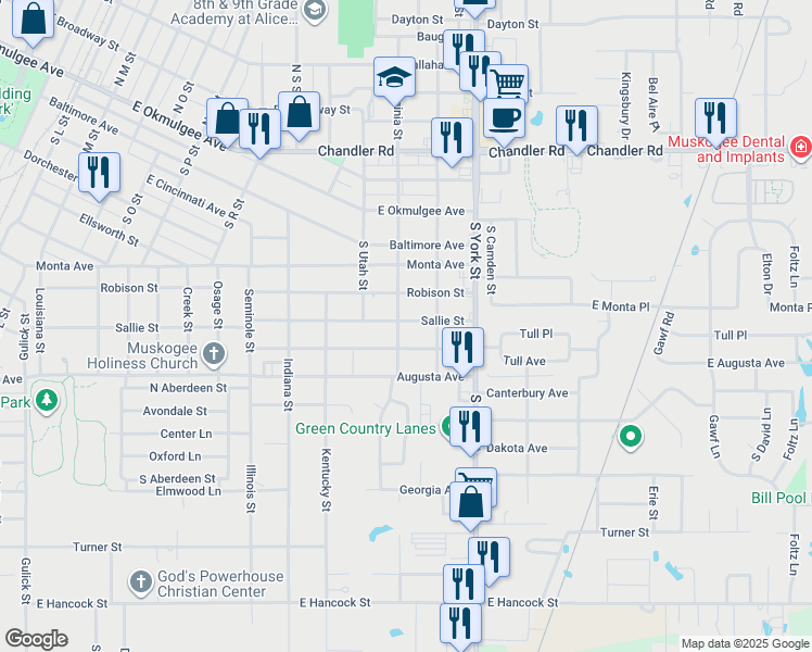 map of restaurants, bars, coffee shops, grocery stores, and more near 2208 Tull Avenue in Muskogee