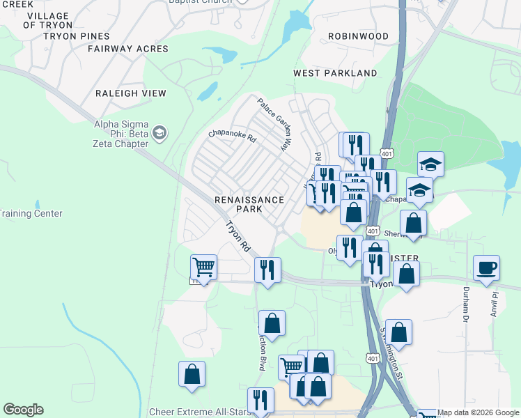 map of restaurants, bars, coffee shops, grocery stores, and more near 3618 Olympia Drive in Raleigh