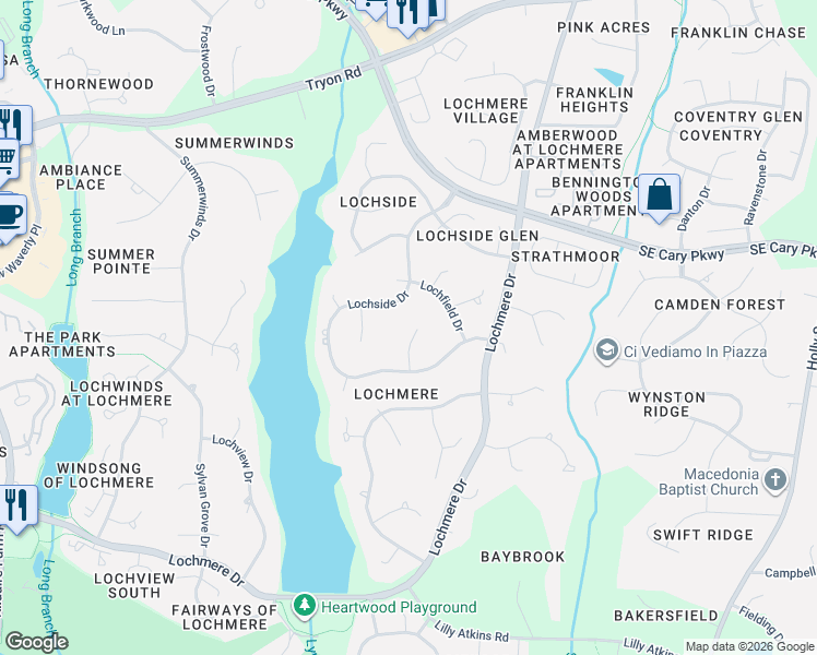 map of restaurants, bars, coffee shops, grocery stores, and more near 105 Rustic Wood Lane in Cary