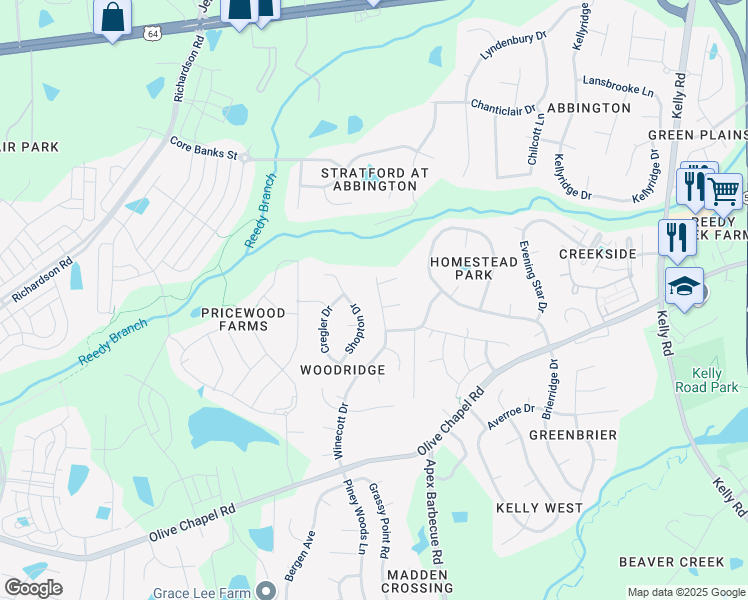 map of restaurants, bars, coffee shops, grocery stores, and more near 3103 Shopton Drive in Apex