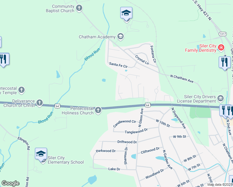 map of restaurants, bars, coffee shops, grocery stores, and more near 1707 Singing Sound Way Drive in Siler City