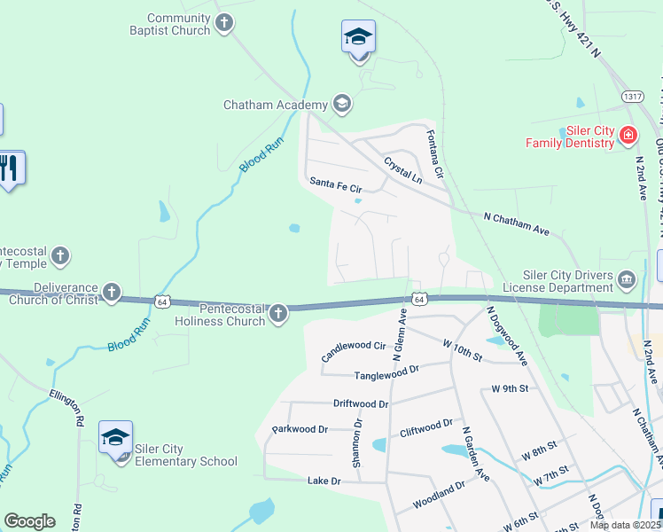 map of restaurants, bars, coffee shops, grocery stores, and more near 1707 Singing Sound Way Drive in Siler City