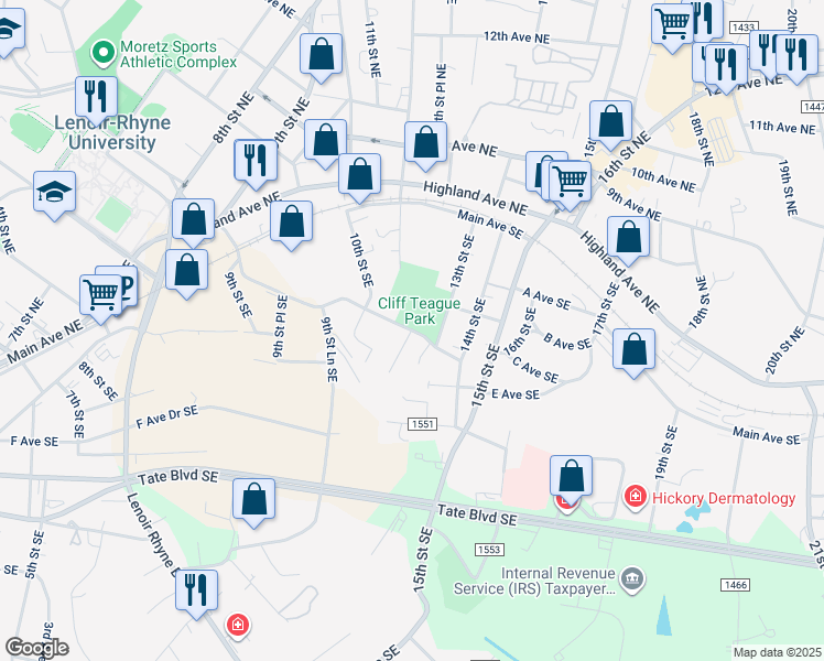 map of restaurants, bars, coffee shops, grocery stores, and more near 160 12th Street Court Southeast in Hickory