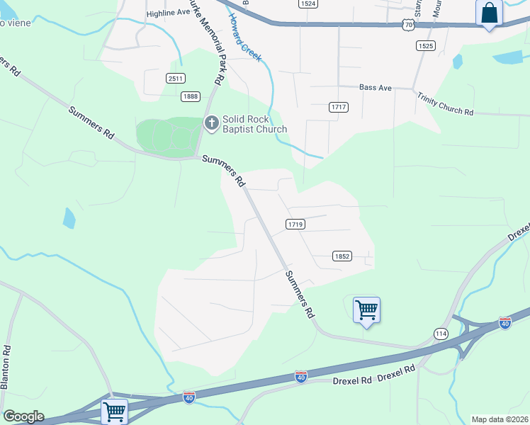 map of restaurants, bars, coffee shops, grocery stores, and more near 757 Summers Road in Valdese