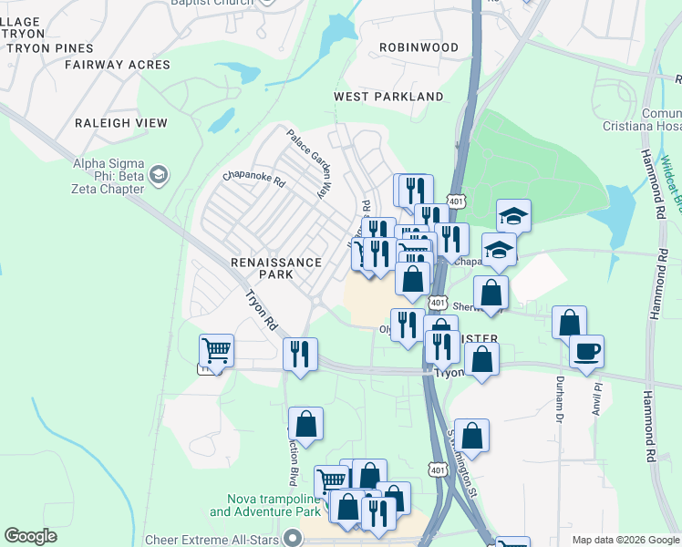 map of restaurants, bars, coffee shops, grocery stores, and more near 1363 Ileagnes Road in Raleigh