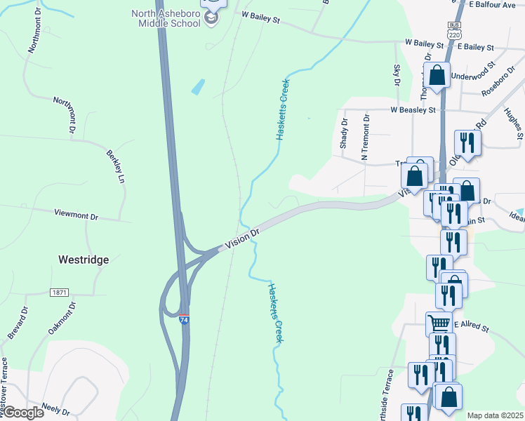 map of restaurants, bars, coffee shops, grocery stores, and more near 514 Vision Drive in Asheboro