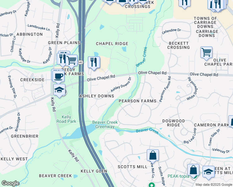 map of restaurants, bars, coffee shops, grocery stores, and more near 1008 Country Glen Court in Apex
