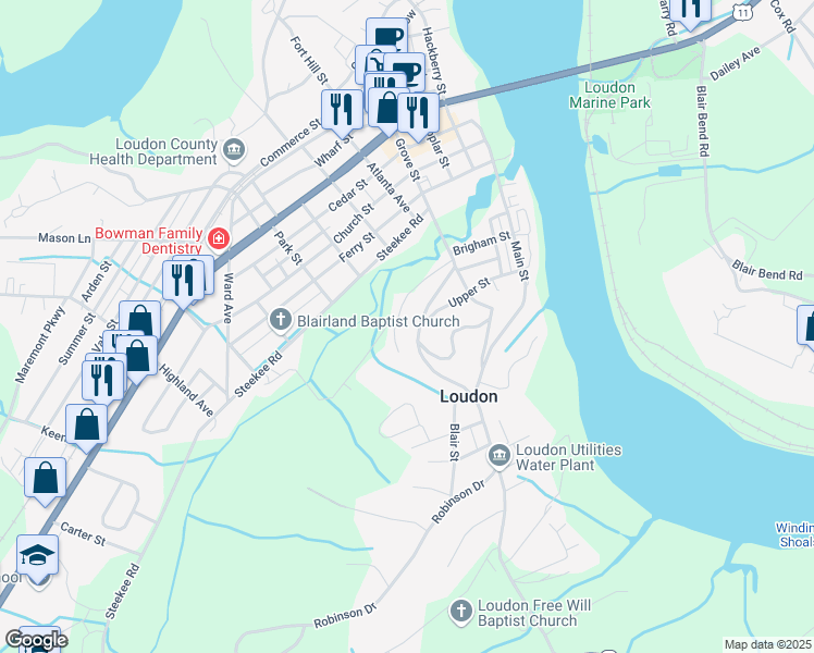 map of restaurants, bars, coffee shops, grocery stores, and more near 1028 Grove Street in Loudon