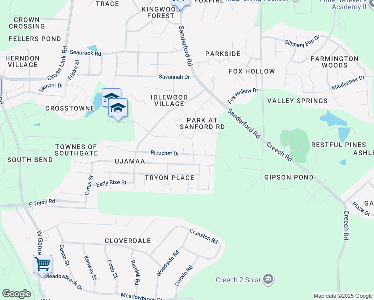 map of restaurants, bars, coffee shops, grocery stores, and more near 3413 Colossae Court in Raleigh