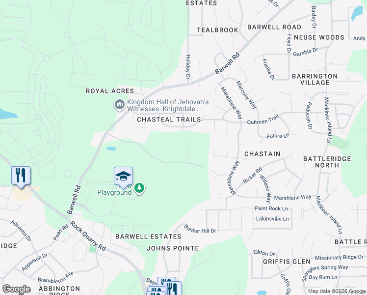 map of restaurants, bars, coffee shops, grocery stores, and more near 5305 Tomahawk Trail in Raleigh