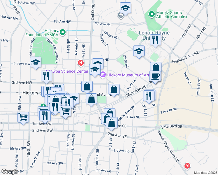 map of restaurants, bars, coffee shops, grocery stores, and more near 230 3rd Street Northeast in Hickory