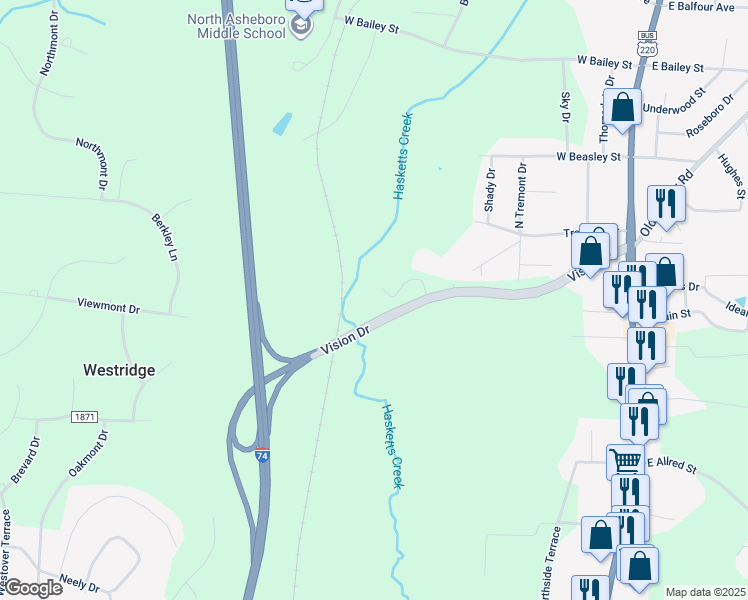 map of restaurants, bars, coffee shops, grocery stores, and more near 514 Vision Drive in Asheboro