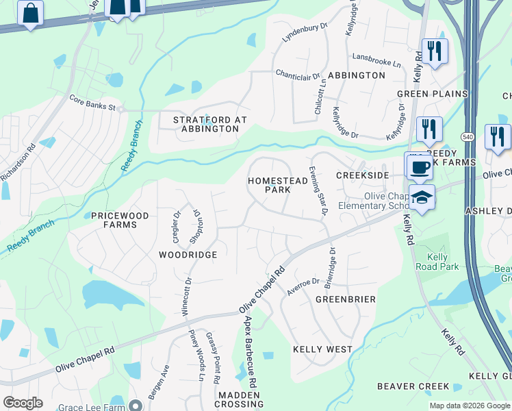 map of restaurants, bars, coffee shops, grocery stores, and more near 112 Homesong Way in Apex