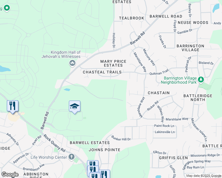 map of restaurants, bars, coffee shops, grocery stores, and more near 5305 Tomahawk Trail in Raleigh