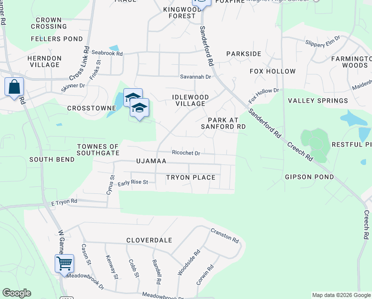 map of restaurants, bars, coffee shops, grocery stores, and more near 1420 Ricochet Drive in Raleigh