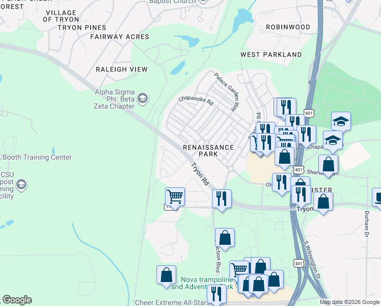 map of restaurants, bars, coffee shops, grocery stores, and more near 1501 The Arts Drive in Raleigh