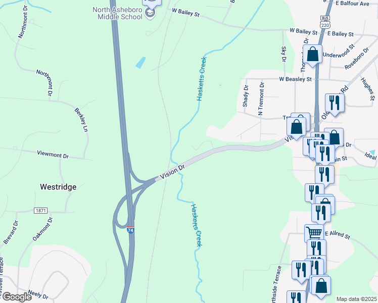 map of restaurants, bars, coffee shops, grocery stores, and more near 513 Vision Drive in Asheboro