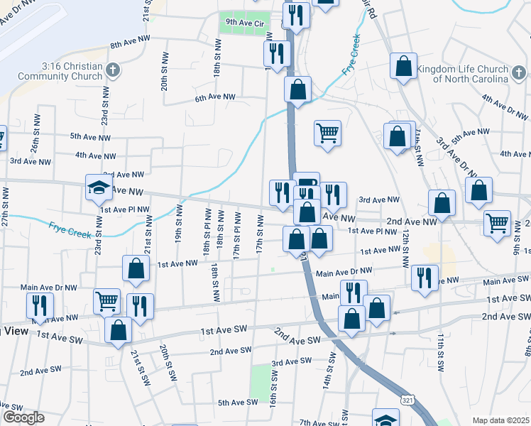 map of restaurants, bars, coffee shops, grocery stores, and more near 1635 2nd Avenue Northwest in Hickory