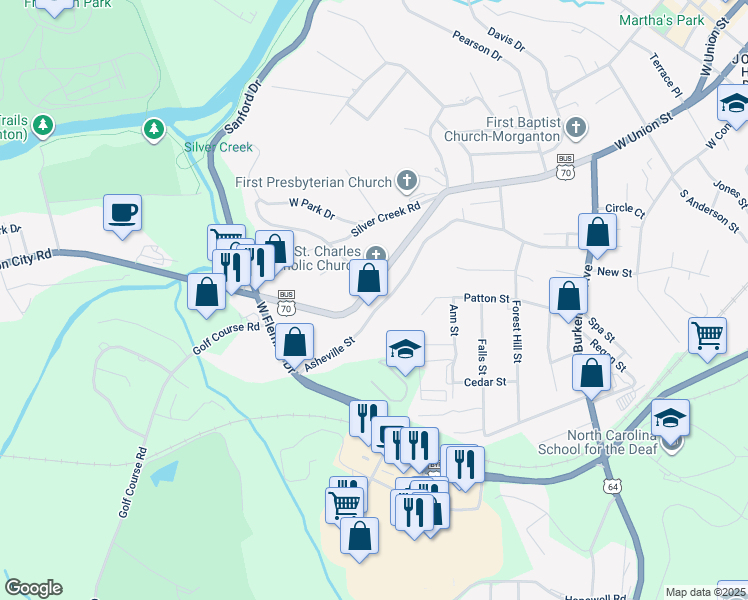 map of restaurants, bars, coffee shops, grocery stores, and more near 253 Asheville Street in Morganton
