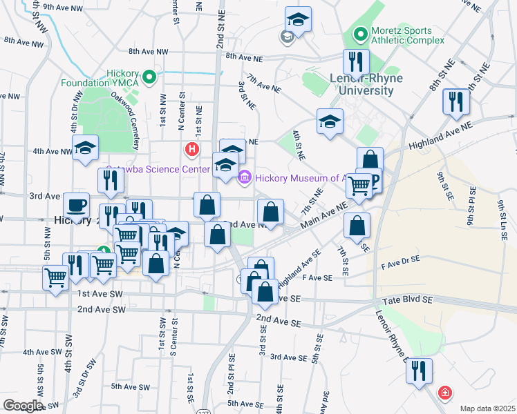 map of restaurants, bars, coffee shops, grocery stores, and more near 230 3rd Street Northeast in Hickory