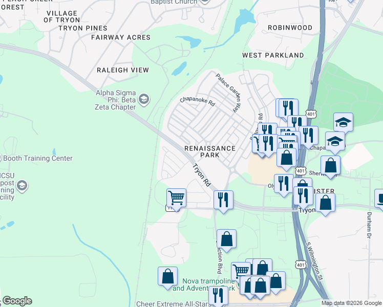 map of restaurants, bars, coffee shops, grocery stores, and more near 1501 The Arts Drive in Raleigh