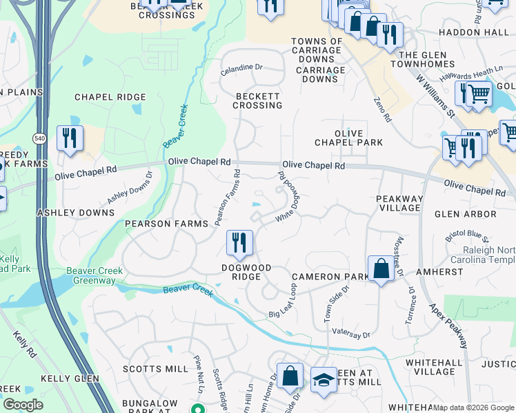map of restaurants, bars, coffee shops, grocery stores, and more near 3016 Silky Dogwood Trail in Apex