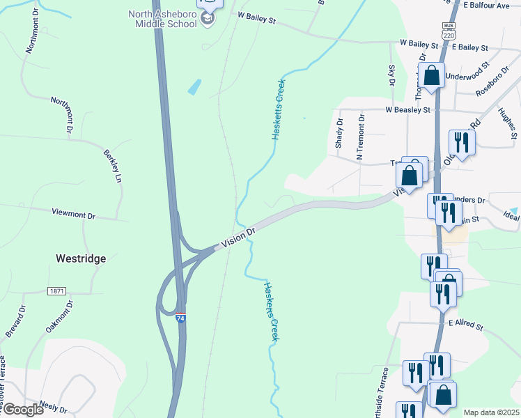 map of restaurants, bars, coffee shops, grocery stores, and more near 514 Vision Drive in Asheboro