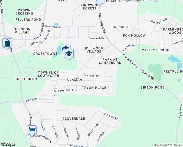map of restaurants, bars, coffee shops, grocery stores, and more near 1420 Ricochet Drive in Raleigh
