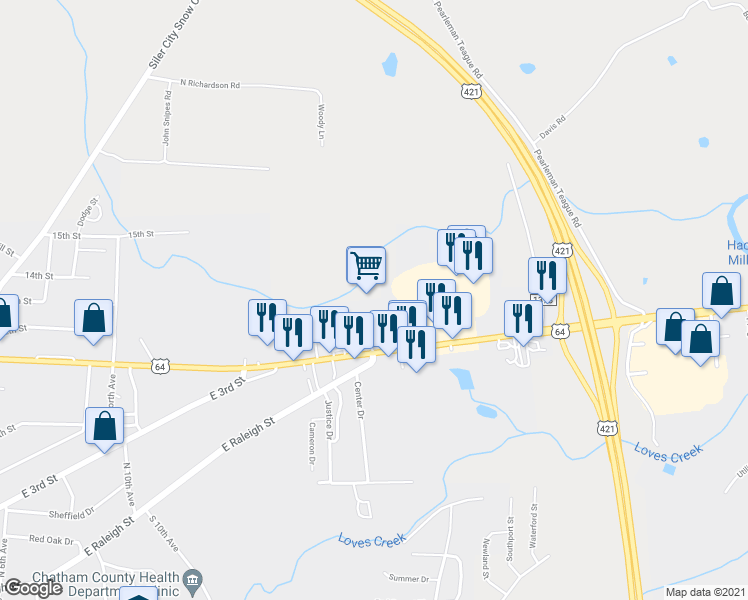 map of restaurants, bars, coffee shops, grocery stores, and more near 1605 East 11th Street in Siler City