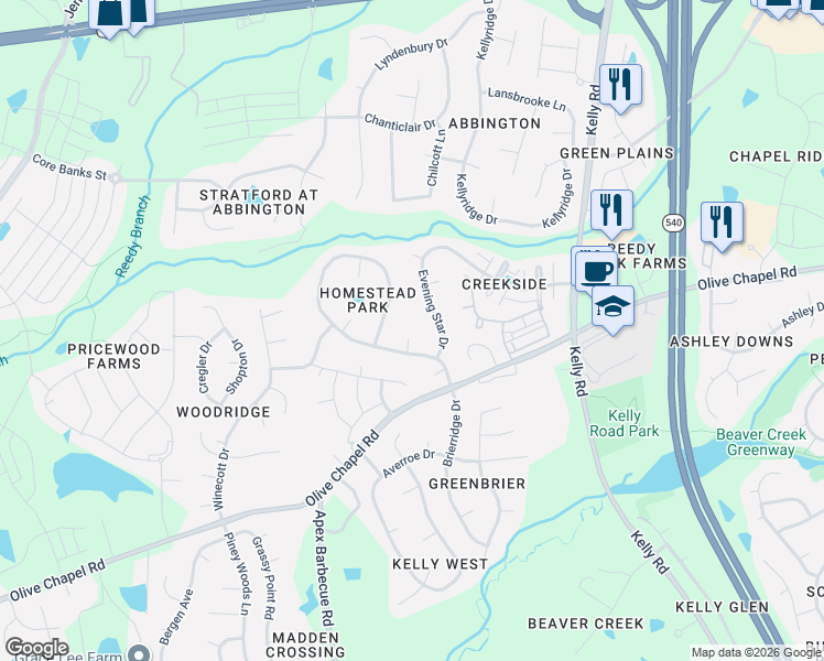 map of restaurants, bars, coffee shops, grocery stores, and more near 405 Homestead Park Drive in Apex