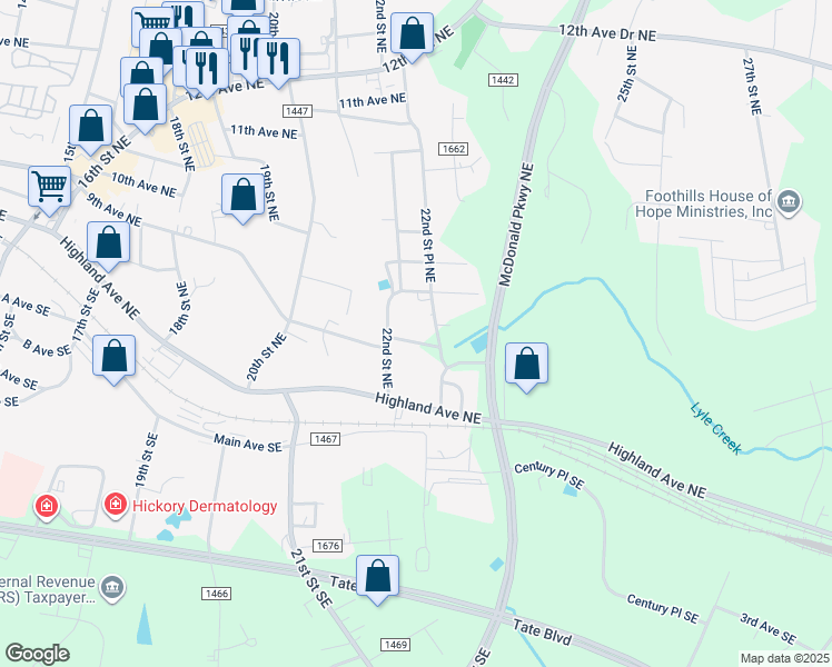 map of restaurants, bars, coffee shops, grocery stores, and more near 2233 9th Avenue Northeast in Hickory