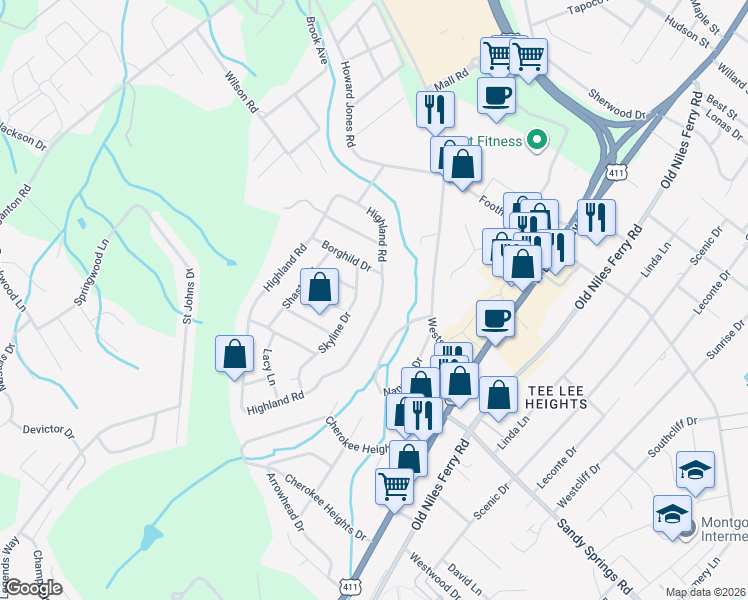 map of restaurants, bars, coffee shops, grocery stores, and more near 2137 Highland Road in Maryville