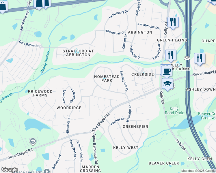 map of restaurants, bars, coffee shops, grocery stores, and more near 945 Homestead Park Drive in Apex