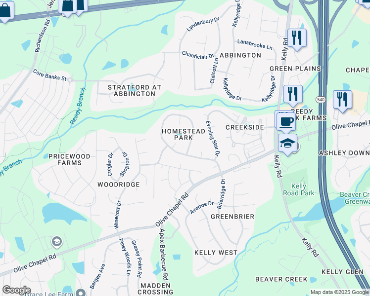 map of restaurants, bars, coffee shops, grocery stores, and more near 945 Homestead Park Drive in Apex