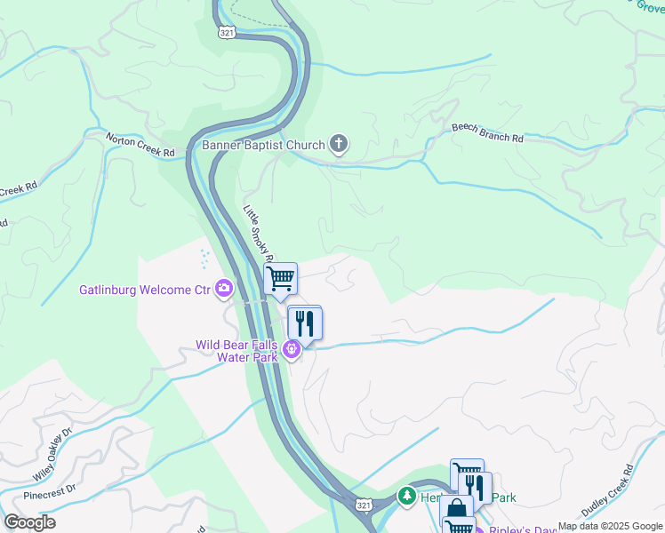 map of restaurants, bars, coffee shops, grocery stores, and more near 269 North Mountain Trail in Gatlinburg