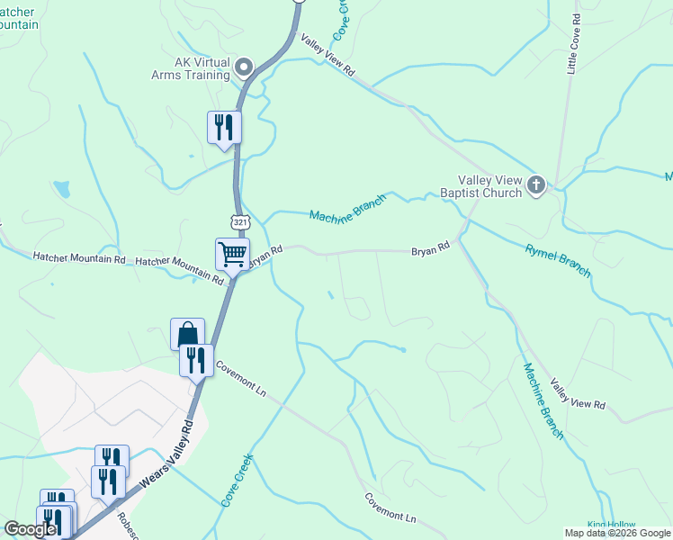 map of restaurants, bars, coffee shops, grocery stores, and more near 2527 Bryan Road in Sevierville